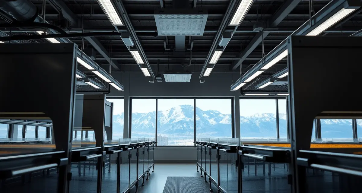 Denver cricket farm with altitude-specific humidity control infrastructure Indoor urban cricket farming facility in Denver showing climate control systems and humidification equipment designed for high altitude production.