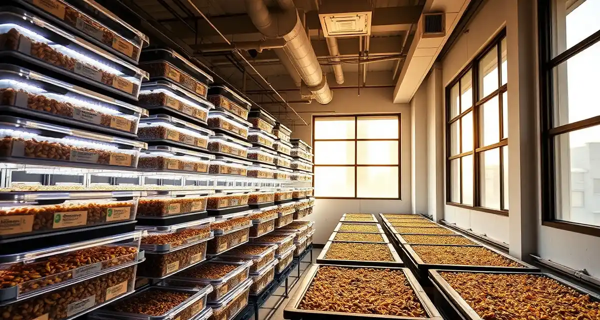 Modern cricket farming operation in Fort Worth, Texas Urban cricket farming facility in Fort Worth showing vertical insect protein production setup with controlled environment containers and LED lighting systems.