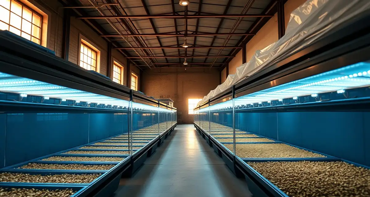 Houston cricket farm operation with advanced farming infrastructure Modern urban cricket farming facility in Houston with organized cricket bins and climate control systems for commercial insect protein production