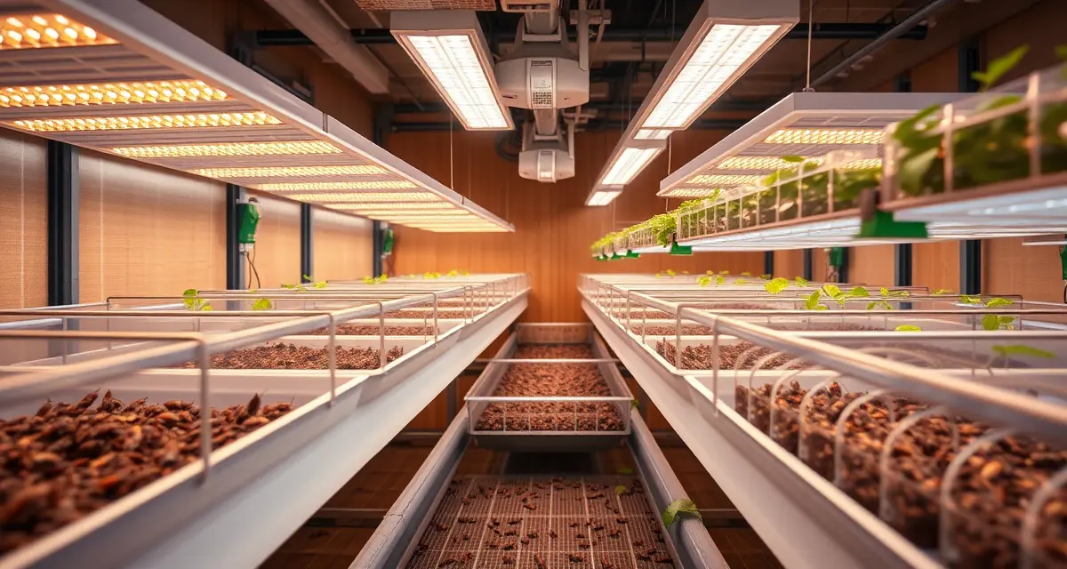 Nashville cricket farming operation setup Modern urban cricket farming facility in Nashville with controlled environment growing systems and sustainable insect protein production equipment.