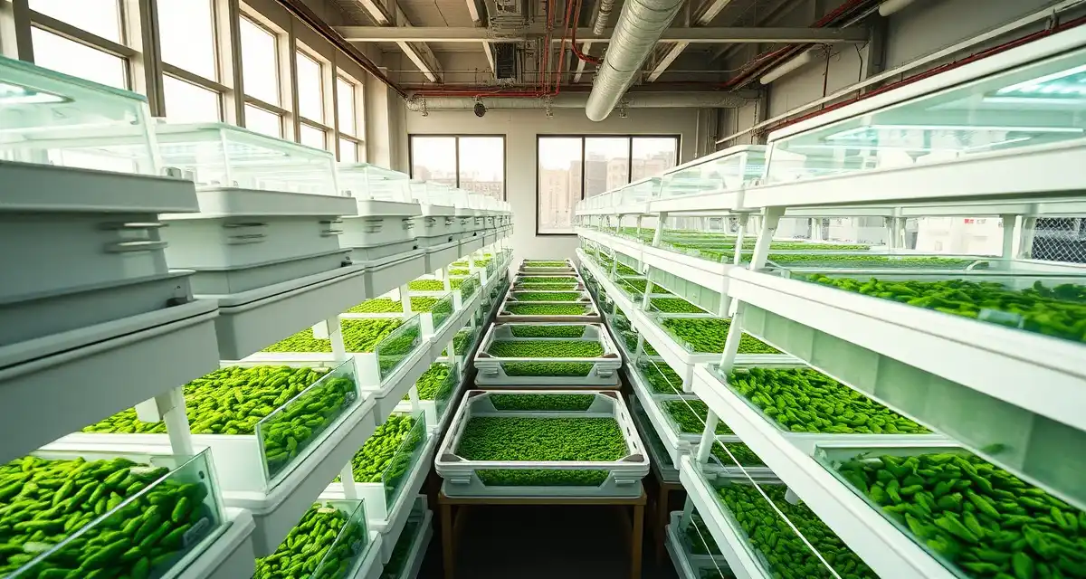 NYC cricket farm operation with sustainable insect protein production Modern urban cricket farming facility in Brooklyn with stacked grow containers and controlled environment agriculture systems for insect protein production.