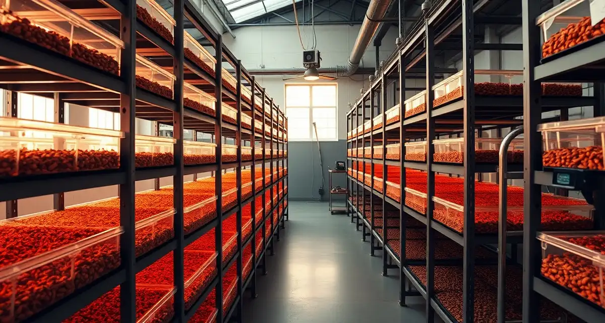 Philadelphia urban cricket farming operation setup Modern urban cricket farming facility in Philadelphia with vertical farming racks and climate control systems for insect protein production.