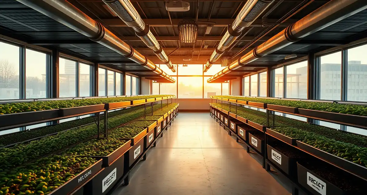 Portland's Urban Cricket Farm Infrastructure Modern urban cricket farming operation in Portland showing sustainable indoor vertical farming setup with organized cricket bins and natural ventilation systems.