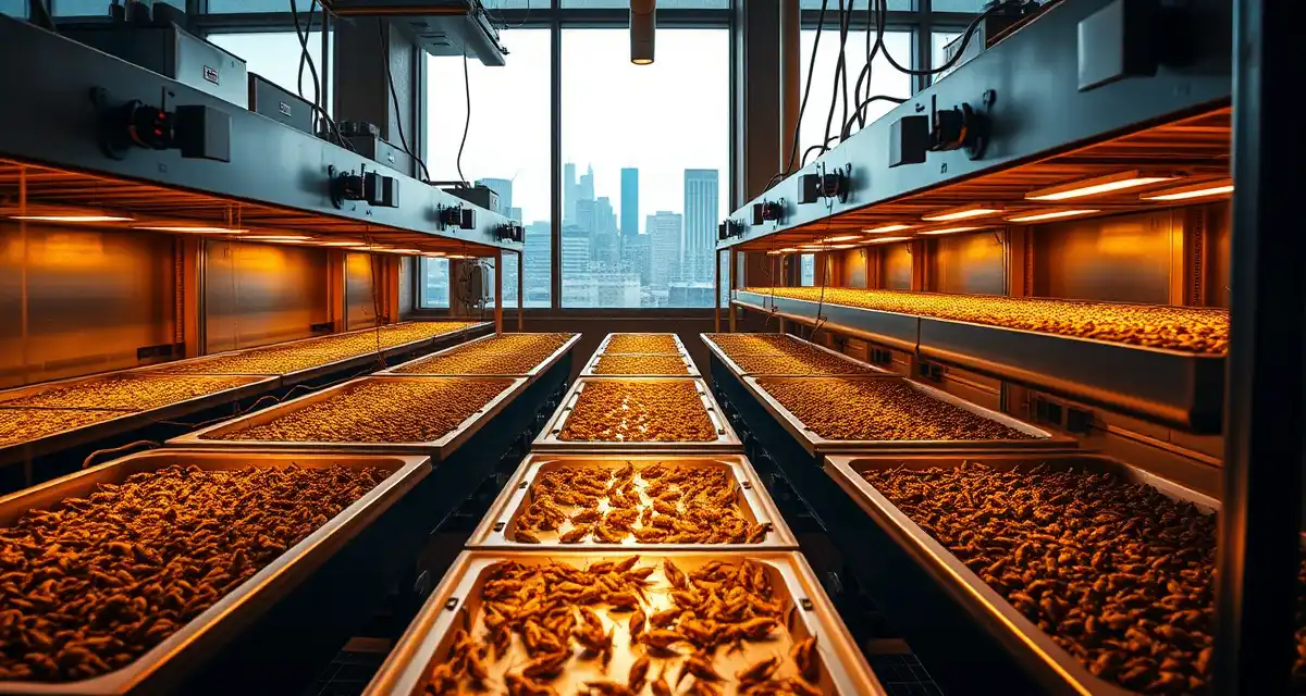 San Francisco urban cricket farm with advanced growing systems Modern urban cricket farming facility in San Francisco with controlled environment agriculture and LED lighting systems for insect protein production.