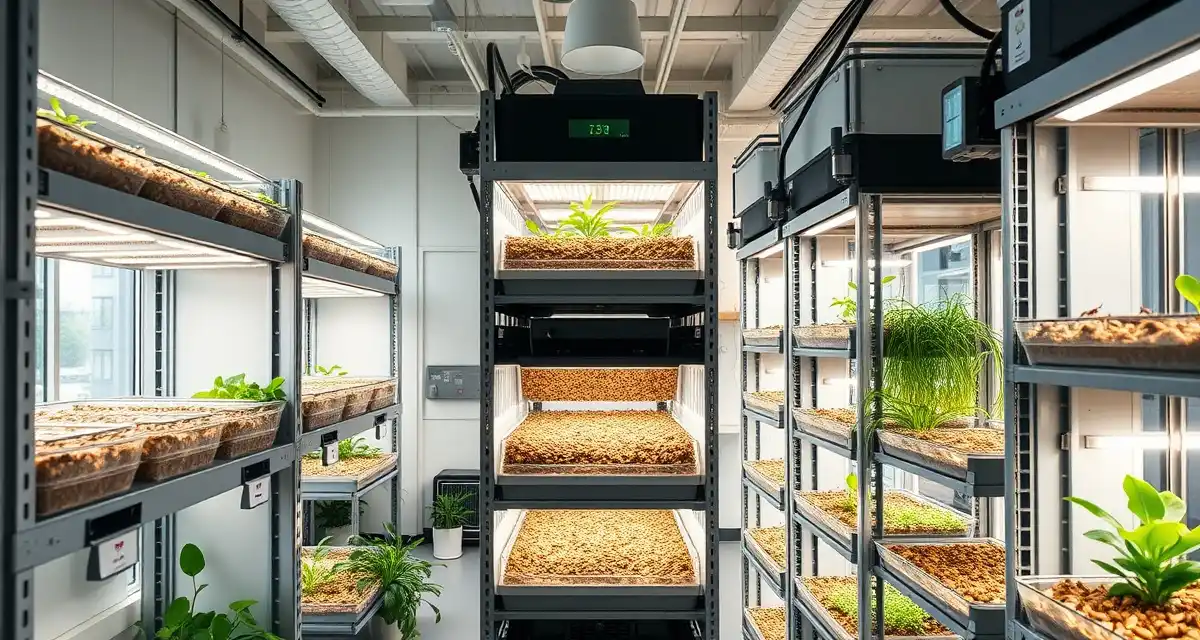 Seattle urban cricket farm operations facility Urban cricket farming facility in Seattle showing vertical farming racks and climate control systems for insect protein production