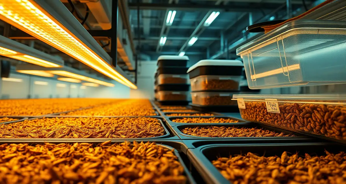 Organic Cricket Farm Operation USDA organic certified cricket farming facility with controlled environment systems for insect protein production and sustainable agriculture.